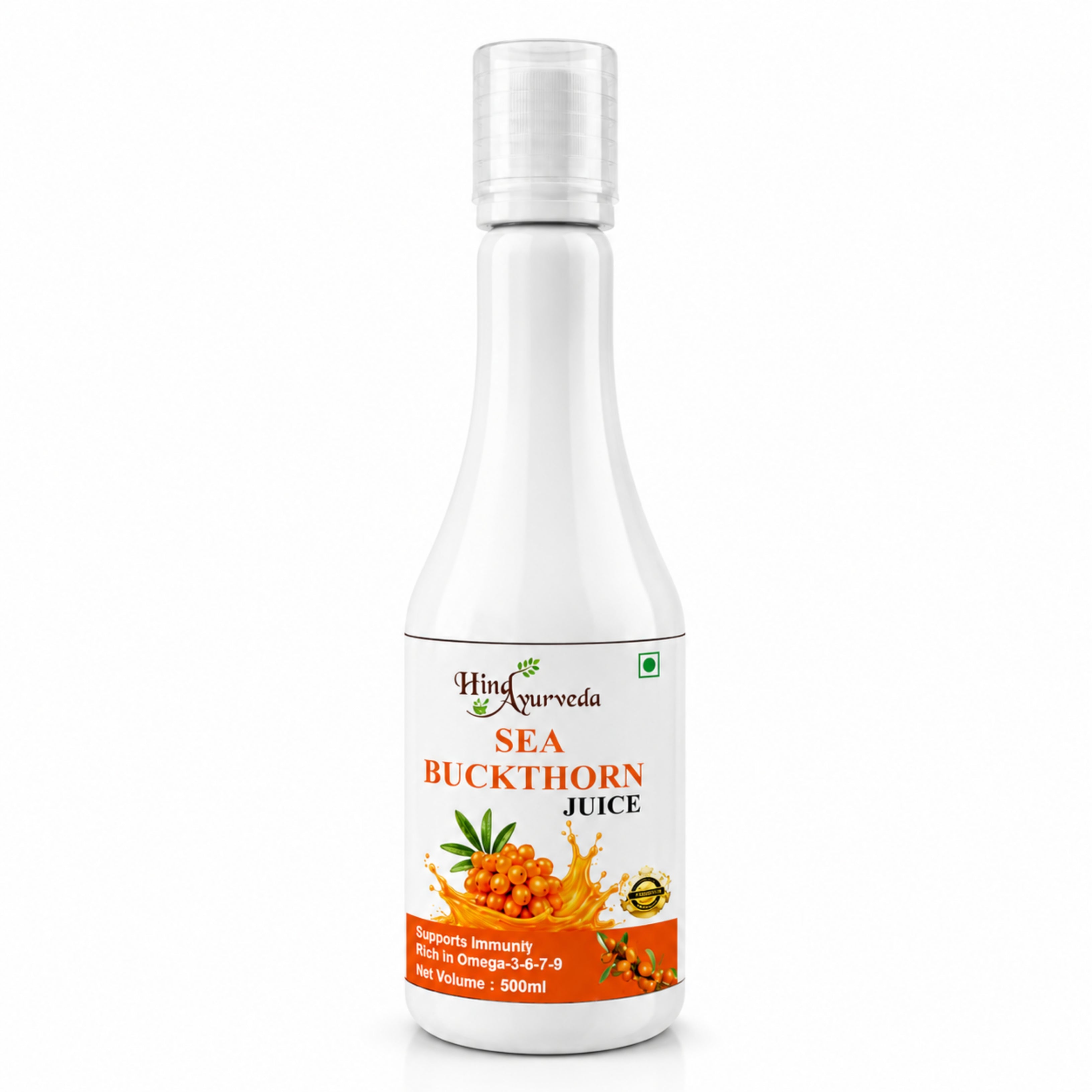 Hind Ayurveda Sea Buckthorn Juice with Pulp 500ml | Omega 3, 6, 7 & 9 Rich | No Added Sugar | Natural Sea Berry Juice