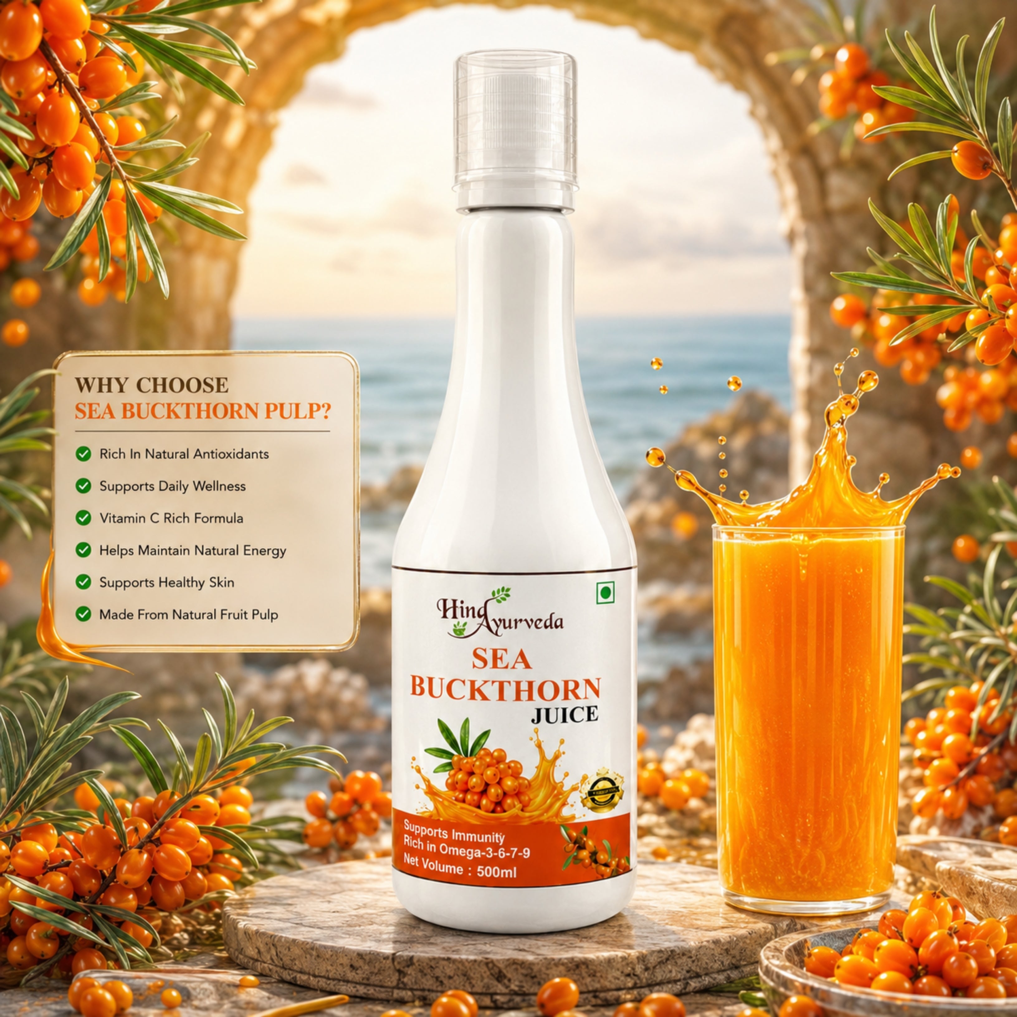 Hind Ayurveda Sea Buckthorn Juice with Pulp 500ml | Omega 3, 6, 7 & 9 Rich | No Added Sugar | Natural Sea Berry Juice