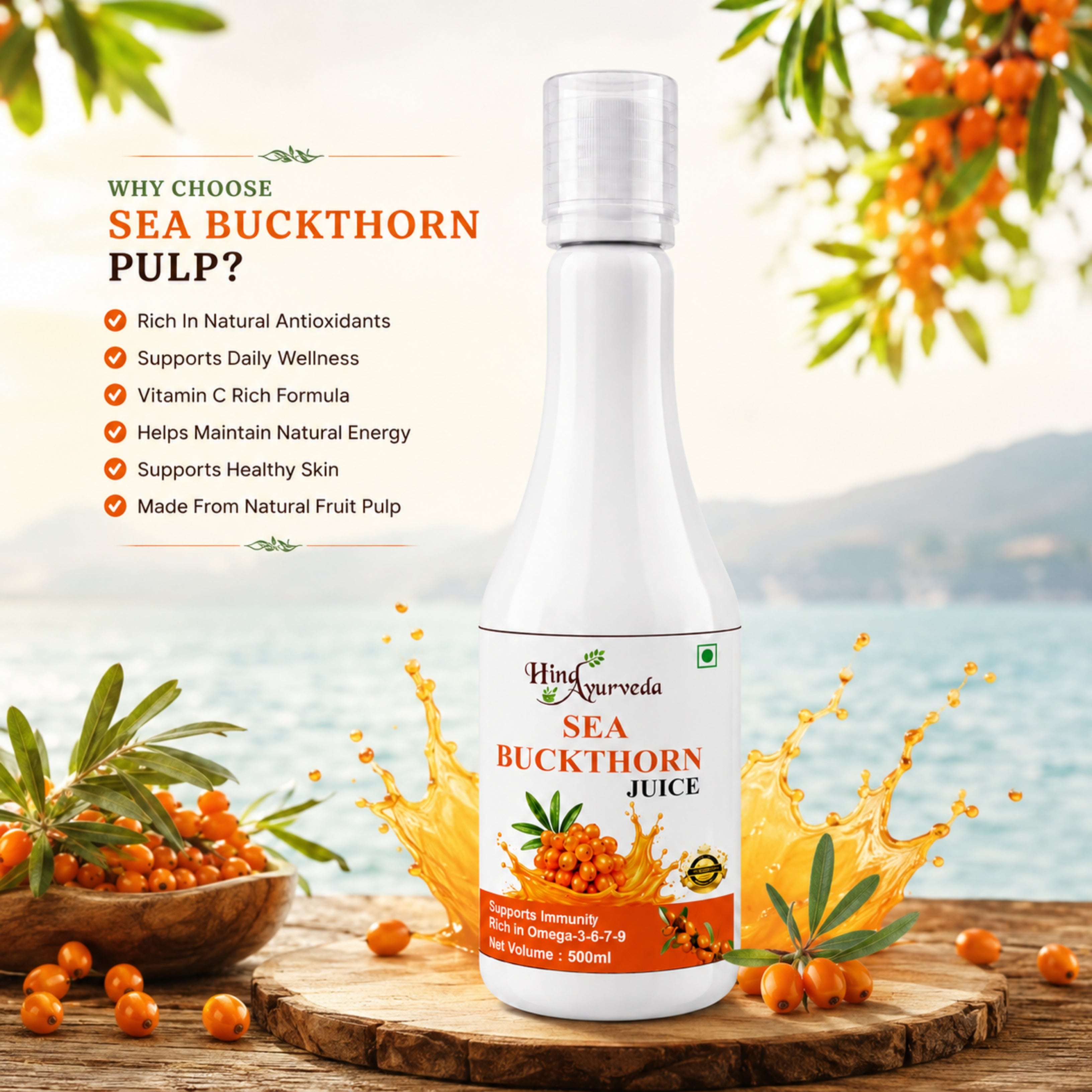 Hind Ayurveda Sea Buckthorn Juice with Pulp 500ml | Omega 3, 6, 7 & 9 Rich | No Added Sugar | Natural Sea Berry Juice