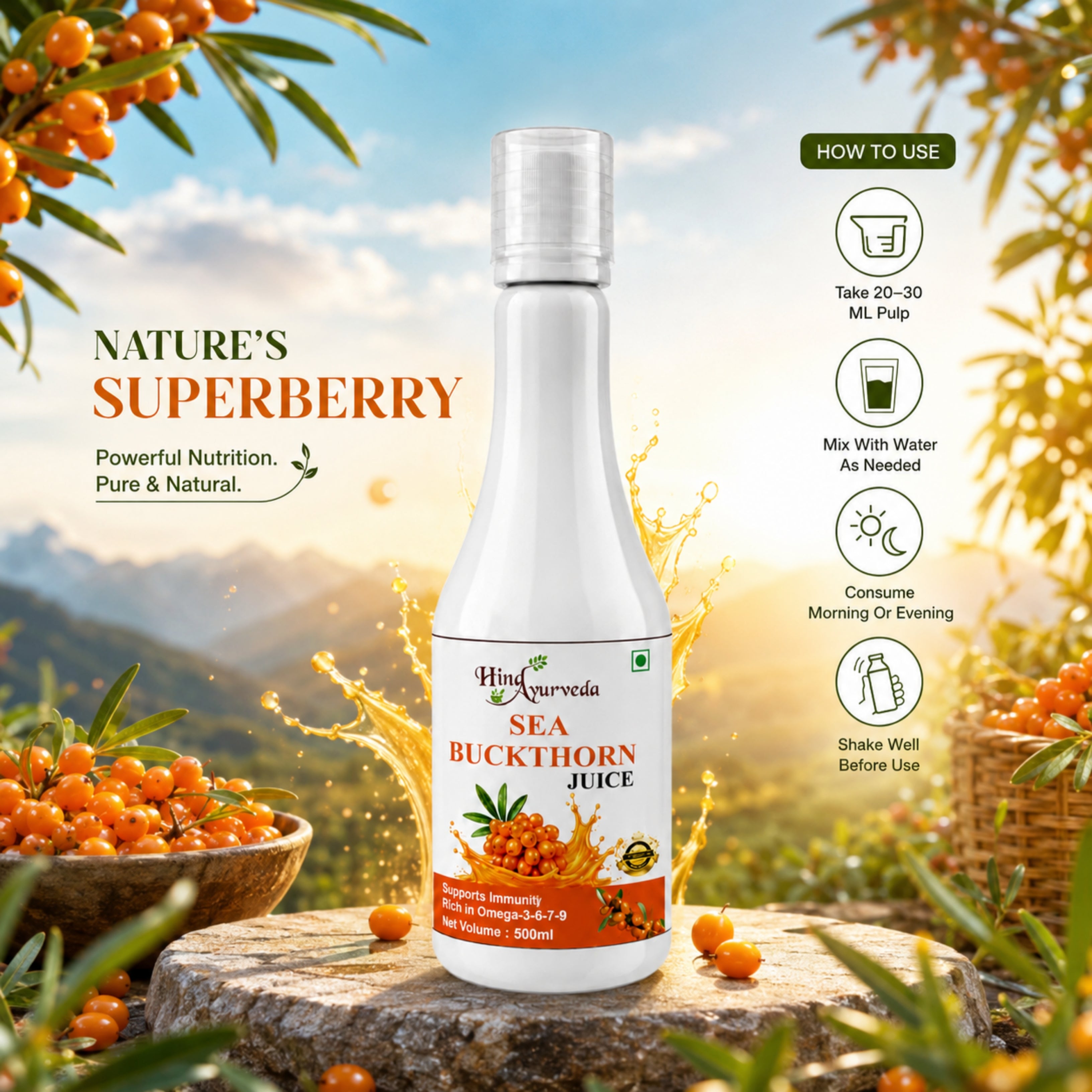 Hind Ayurveda Sea Buckthorn Juice with Pulp 500ml | Omega 3, 6, 7 & 9 Rich | No Added Sugar | Natural Sea Berry Juice