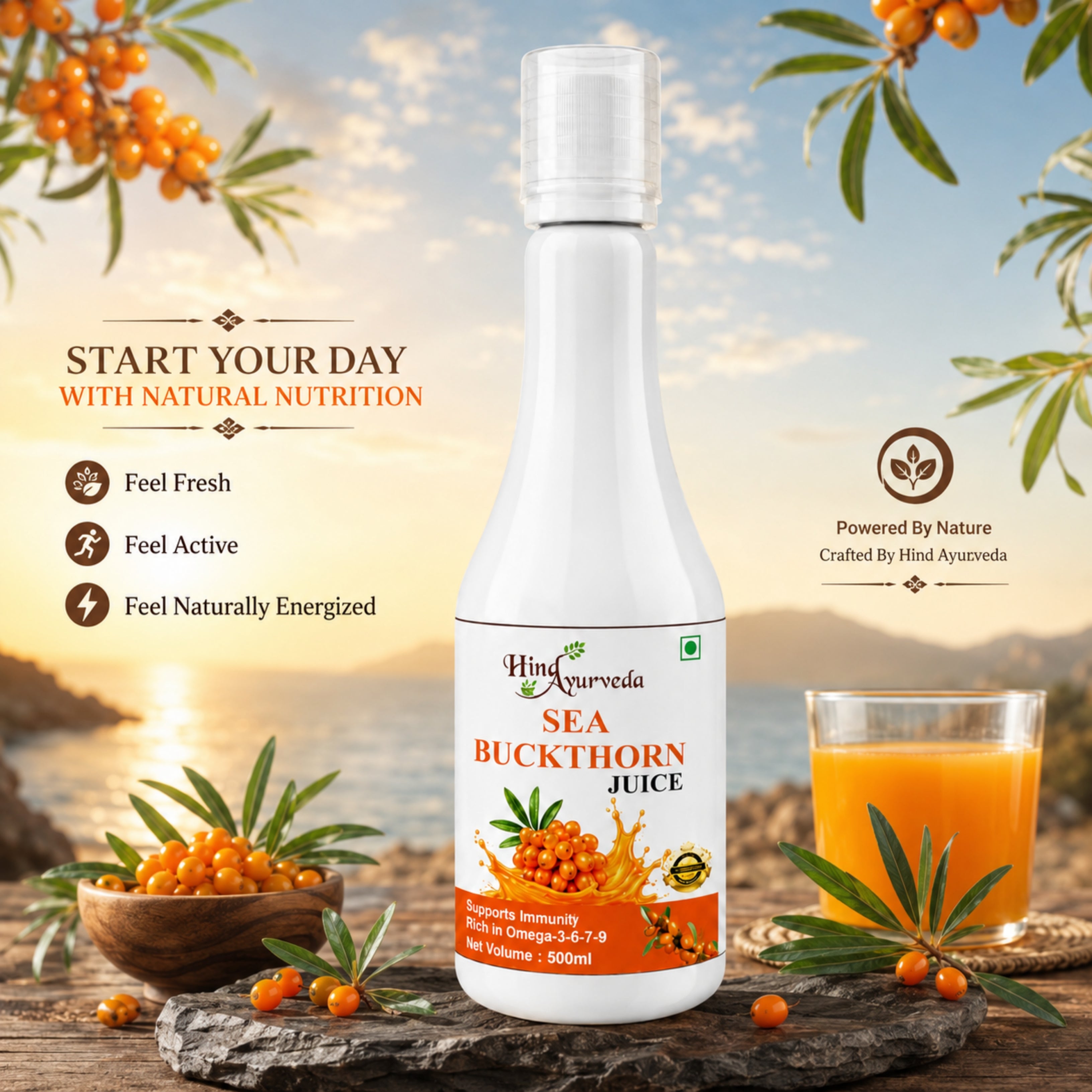 Hind Ayurveda Sea Buckthorn Juice with Pulp 500ml | Omega 3, 6, 7 & 9 Rich | No Added Sugar | Natural Sea Berry Juice