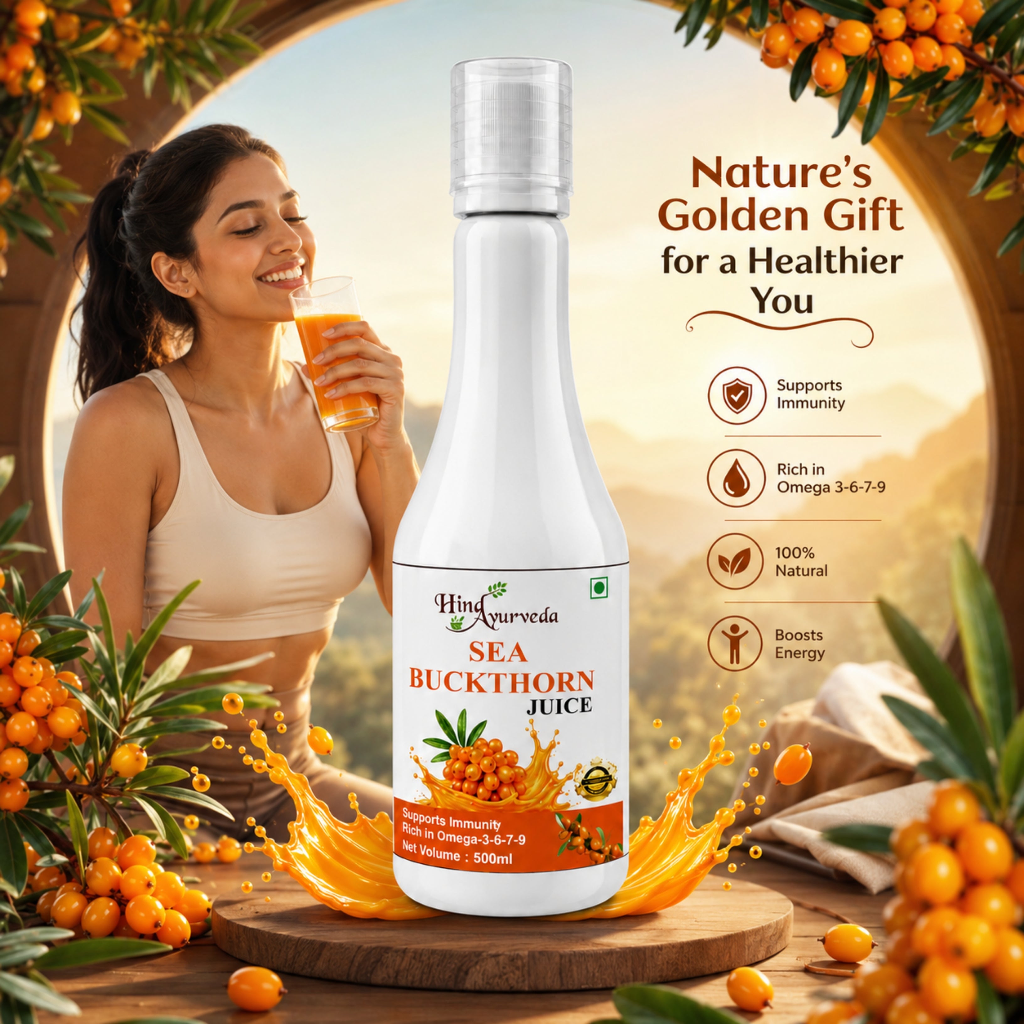 Hind Ayurveda Sea Buckthorn Juice with Pulp 500ml | Omega 3, 6, 7 & 9 Rich | No Added Sugar | Natural Sea Berry Juice