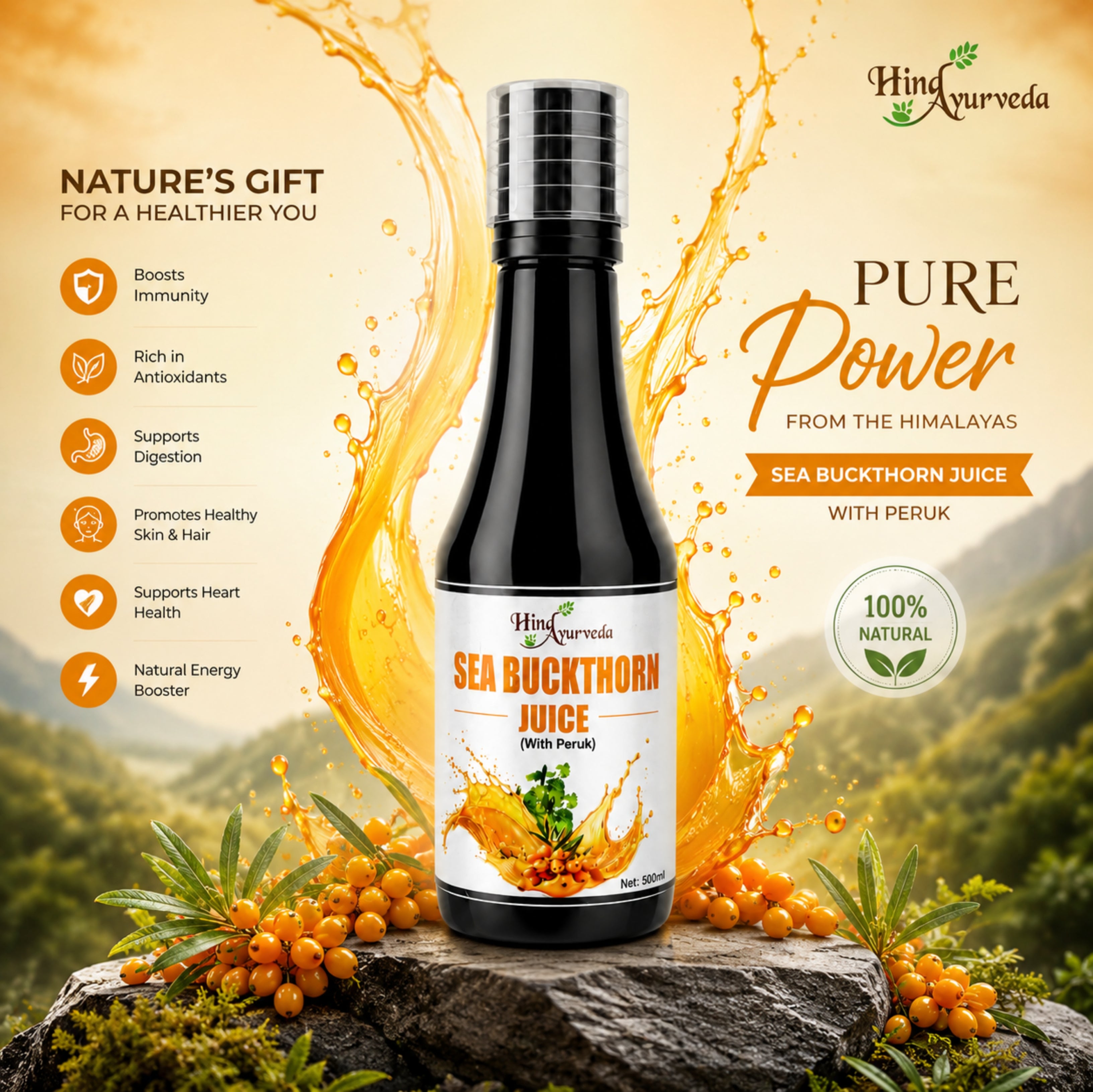 Hind Ayurveda Sea Buckthorn Juice  ( without pulp ) 500ml | Rich in Omega 3, 6, 7 & 9 | No Added Sugar