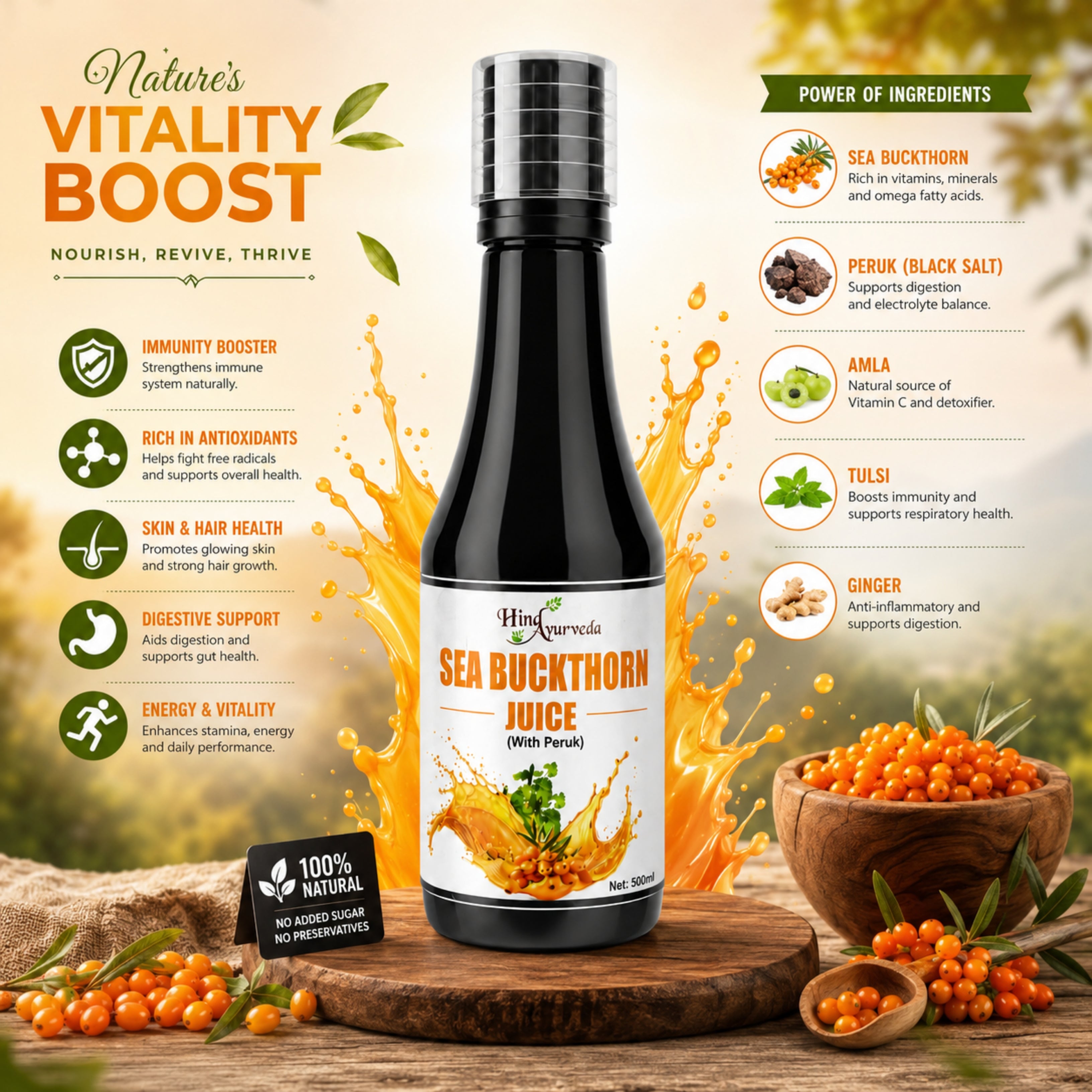 Hind Ayurveda Sea Buckthorn Juice  ( without pulp ) 500ml | Rich in Omega 3, 6, 7 & 9 | No Added Sugar