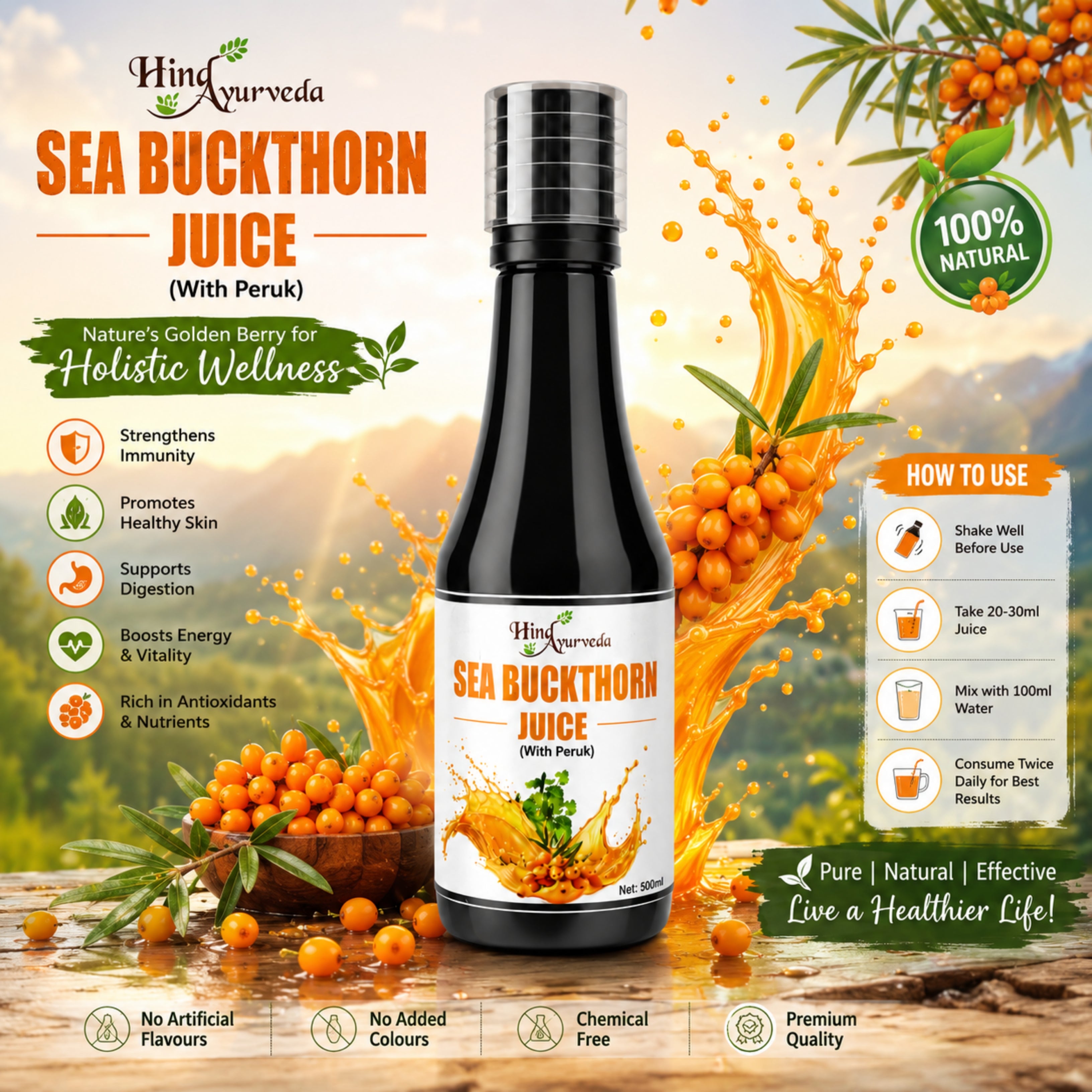 Hind Ayurveda Sea Buckthorn Juice  ( without pulp ) 500ml | Rich in Omega 3, 6, 7 & 9 | No Added Sugar