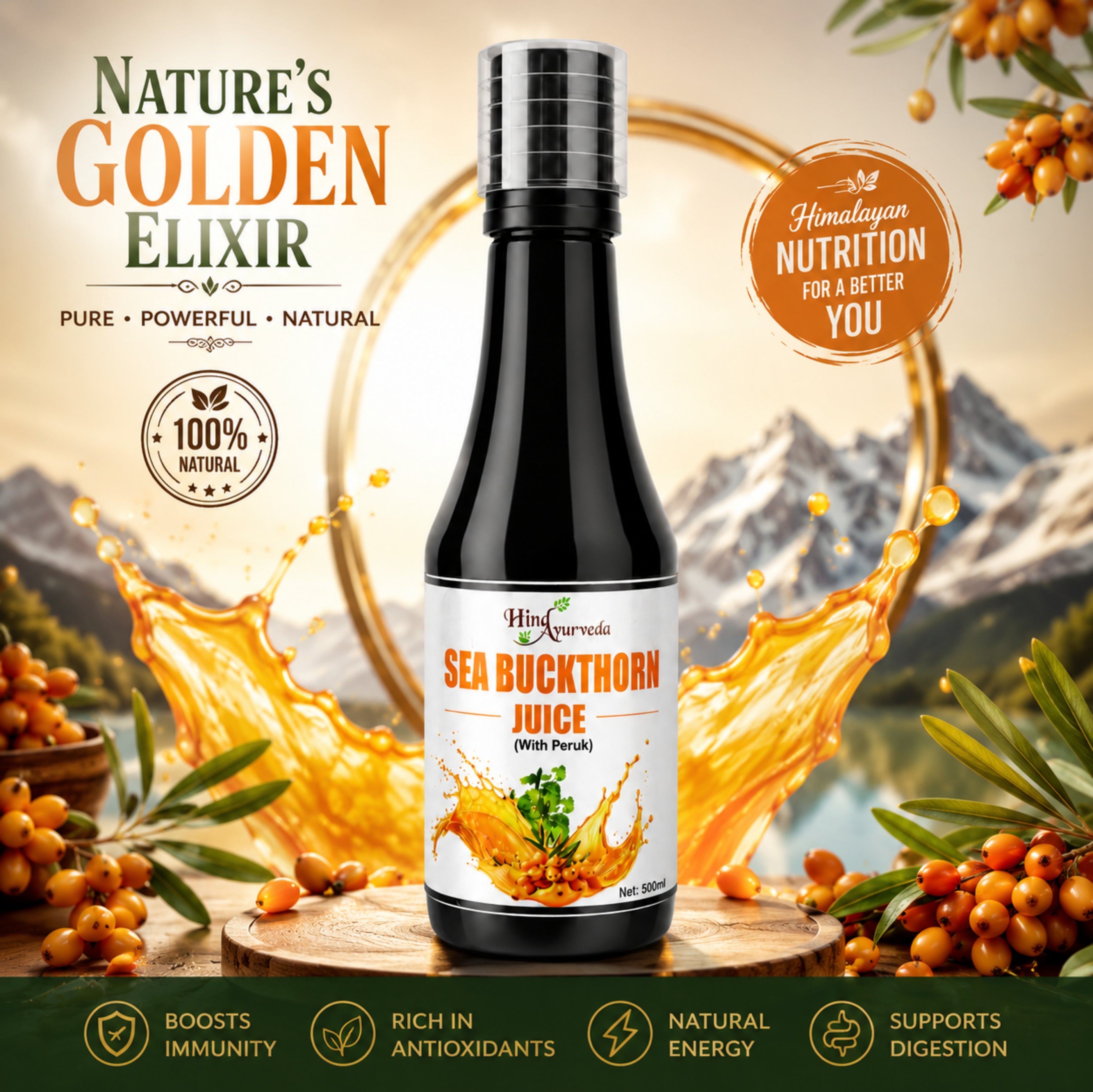 Hind Ayurveda Sea Buckthorn Juice  ( without pulp ) 500ml | Rich in Omega 3, 6, 7 & 9 | No Added Sugar