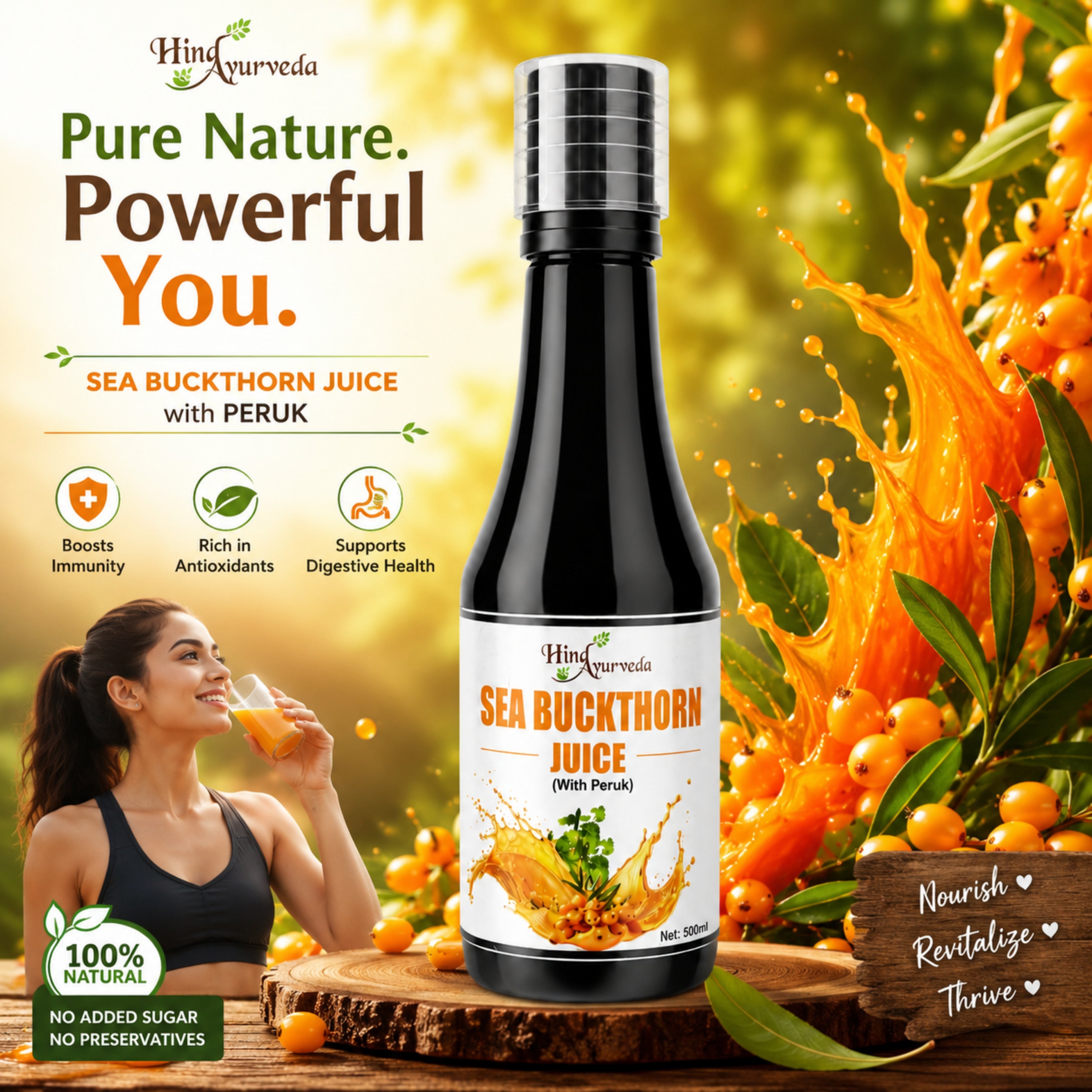 Hind Ayurveda Sea Buckthorn Juice  ( without pulp ) 500ml | Rich in Omega 3, 6, 7 & 9 | No Added Sugar